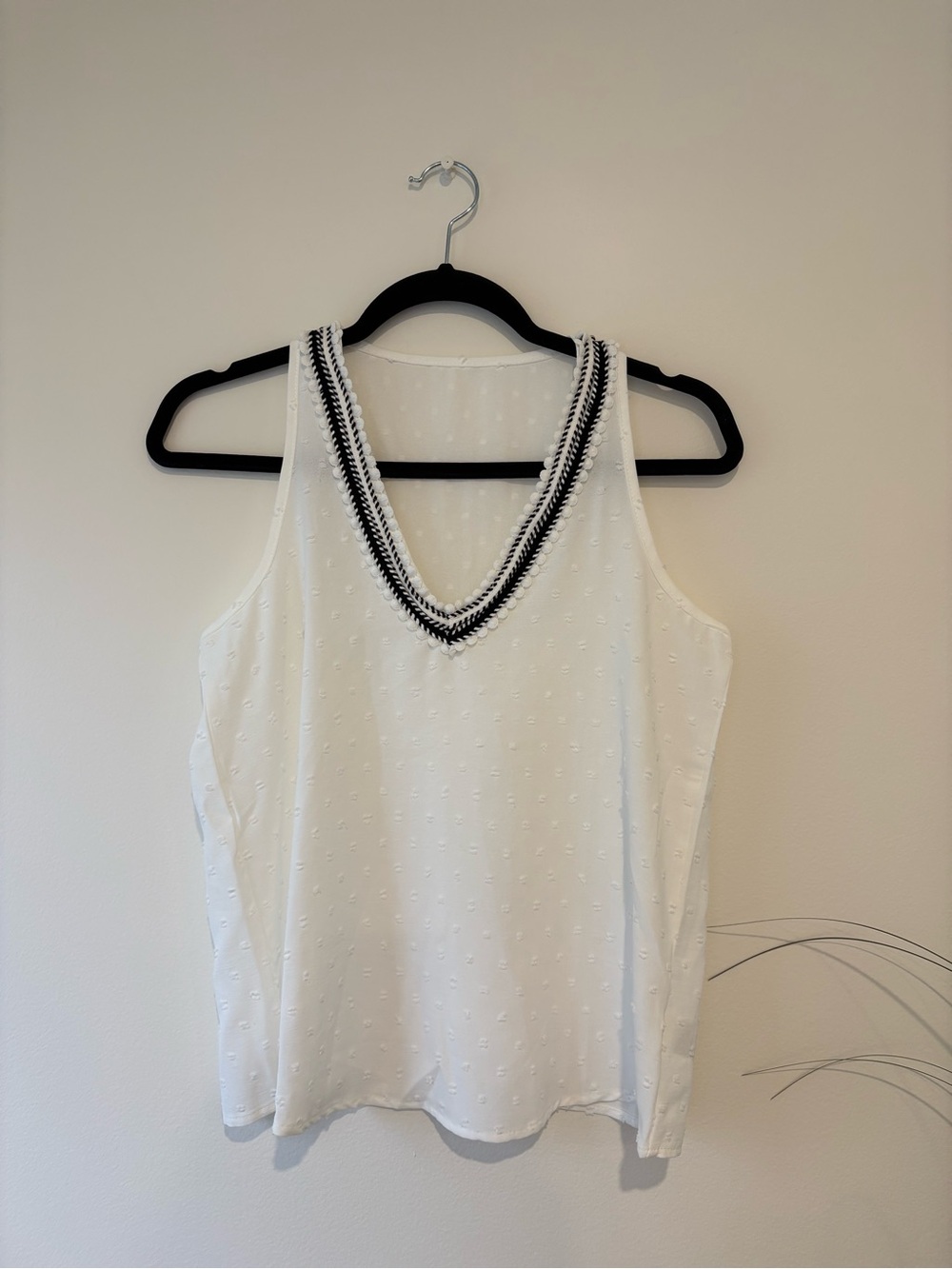 SHEIN White Textured V-Neck Tank with Black Trim